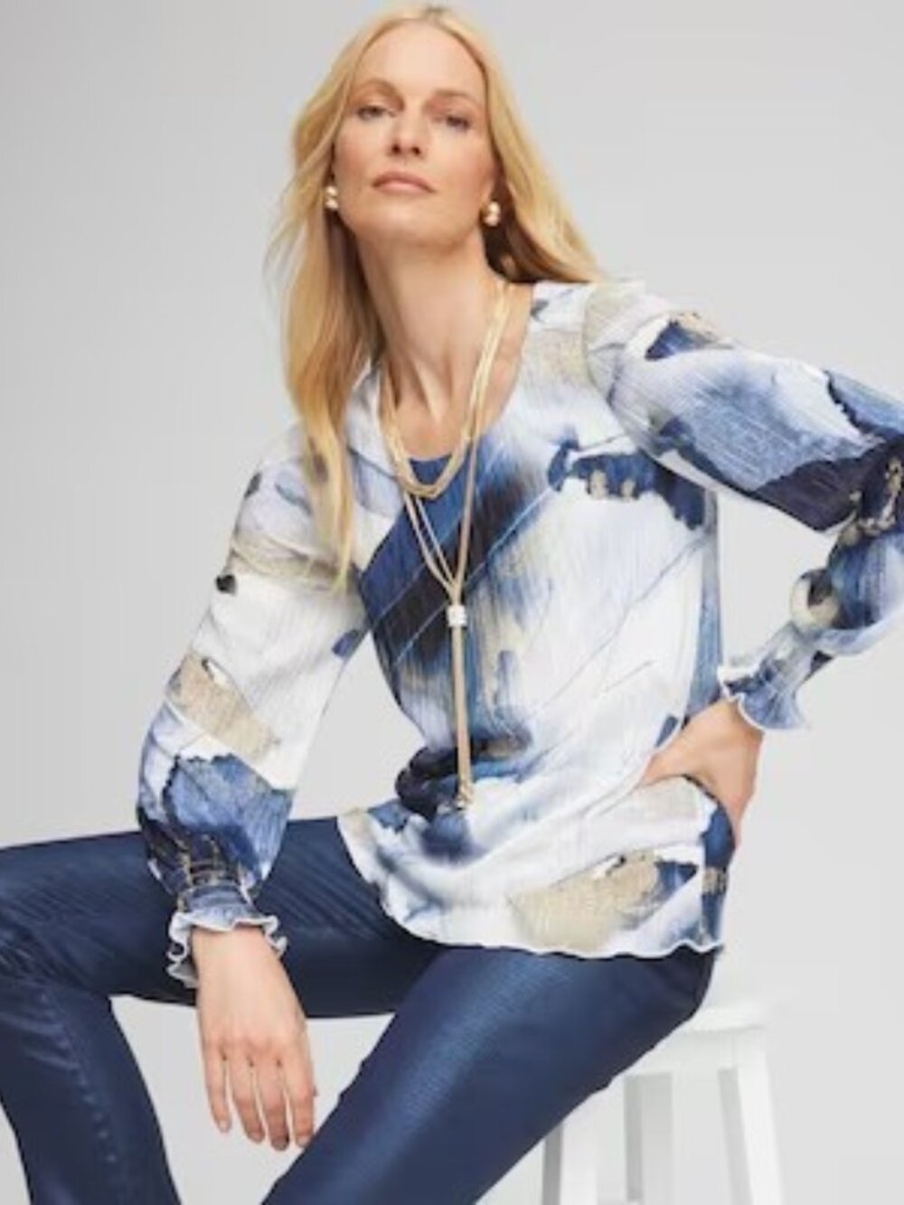 CHICO'S Size 3 XL Foil Ocean Print Crinkle Top NWT